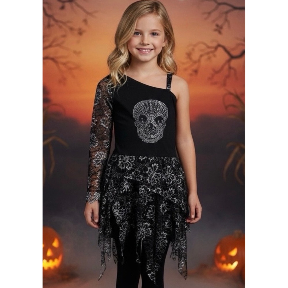 Spooky Creations Girls Size 7-8 Halloween Skull Lace Costume Dress Black Silver